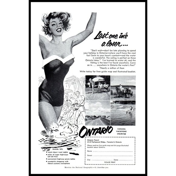 1953 Ontario Canada Vacation Travel Vintage Print Ad Strapless Bathing Suit Girl - Picture 1 of 1